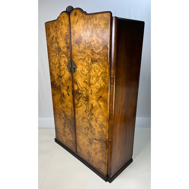 Wood Mid 20th Century English Art Deco Book-Matched Burl Walnut Wardrobe For Sale - Image 7 of 13