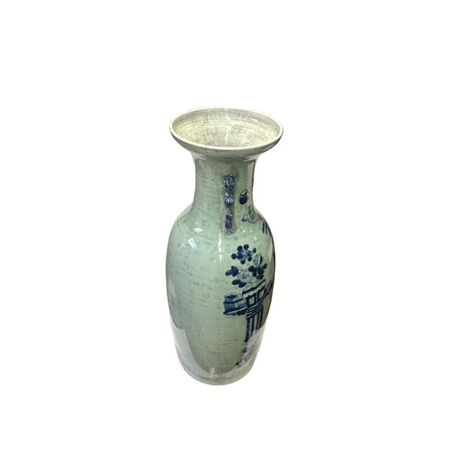 Pale Celadon Green Blue Flower Vases Graphic Tall Porcelain Vase For Sale In San Francisco - Image 6 of 6