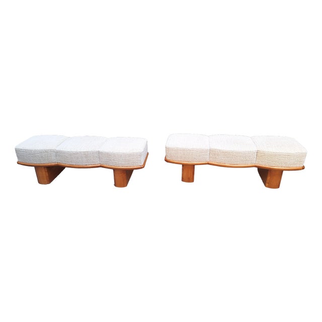 Three-Seater Benches in Sinuous Light Wood and Dedar Fabric, 2000s, Set of 2 For Sale