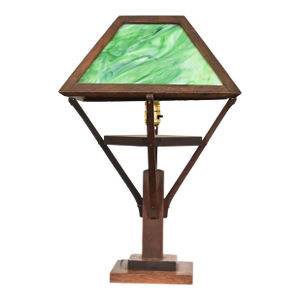 Stickley Style Antique Mission Arts & Crafts Oak Table Lamp With Slag Glass Shade, Circa 1920s