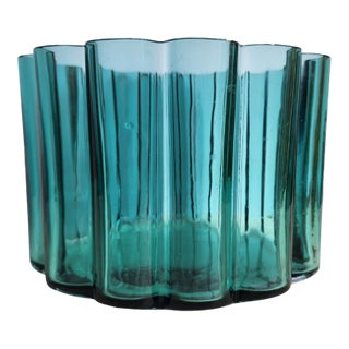 1960s Dansk Jens Quistgaard Scalloped Blue Art Glass Vase Bowl – Denmark – Mid-Century Modern – 7.5" W For Sale