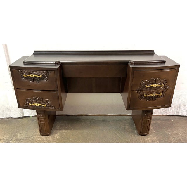 Early 20th Century French Hand Carved Art Deco Vanity in the Style of Charles Dudouyt 1939-1949 For Sale - Image 5 of 12