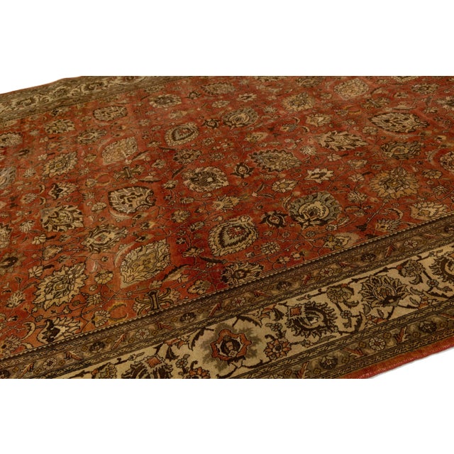 1920s 11 X 14 Allover Antique Tabriz Persian Wool Rug Handmade in Burnt Orange For Sale - Image 5 of 9