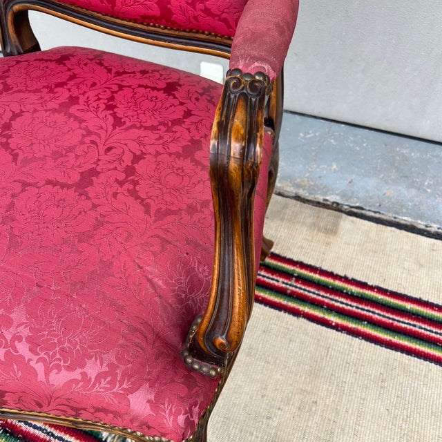 A Vintage Red Upholstered Carved French Style Bergere Arm Chair. For Sale - Image 4 of 12