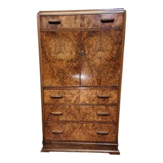 1930s English Art Deco Burl Walnut Tallboy Linen Press For Sale