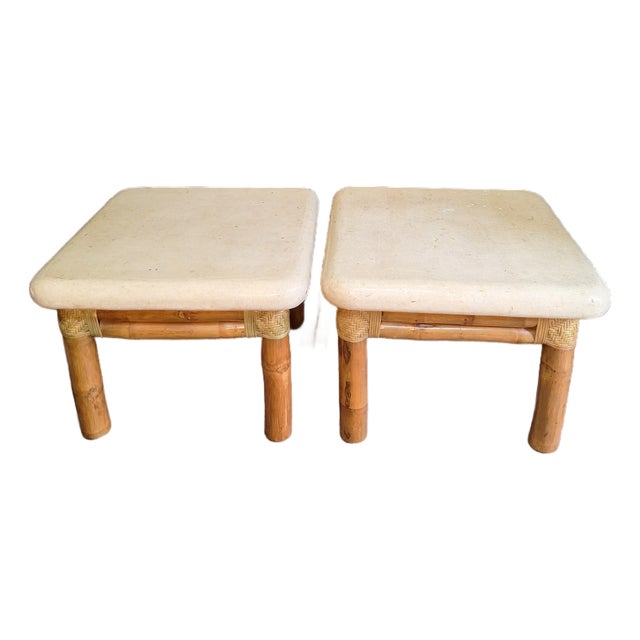 1980s 2 Antonio Budji Layung Style MCM End Tables With Tessellated Stone For Sale