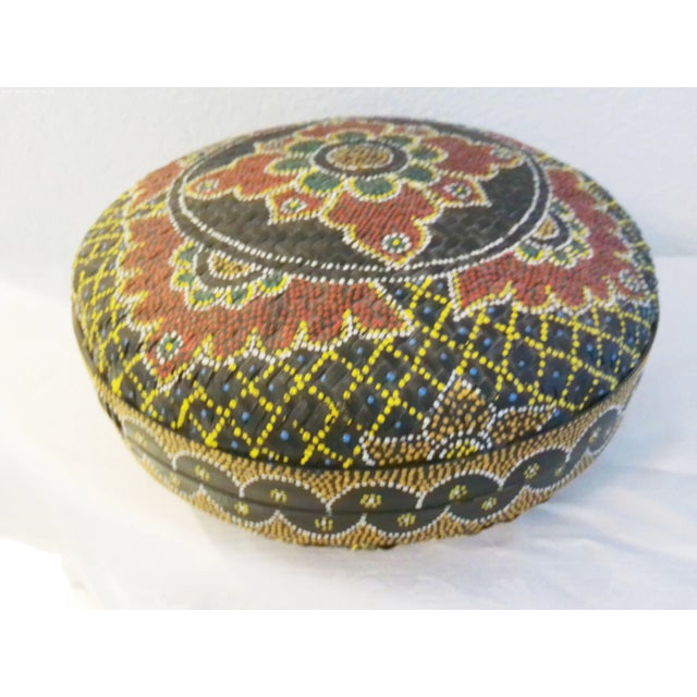 Boho Chic Vintage Hand-Painted Dot Art Boho Lidded Rattan Basket For Sale - Image 3 of 7