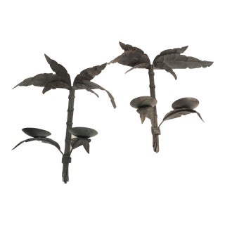 Vintage Tole Ware Metal Palm Leaf Double Wall Candle Holder Wall Sconces- a Pair For Sale