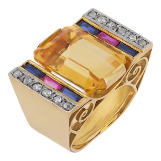 Mid 20th Century Retro Gemstone Diamond 18k Yellow Gold Tank Ring, Size 4 For Sale