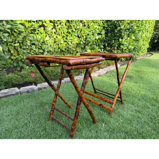 Late 20th Century Vintage Burnt Bamboo Folding Tray Tables, a Pair For Sale - Image 5 of 10