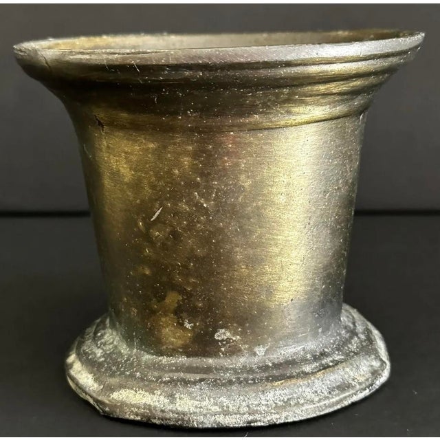Mortar only. Solid brass. 4 1/2” x 4 1/2” x 4”. Heavy patina present as well as some dings. Please see photos. Weighs 1...