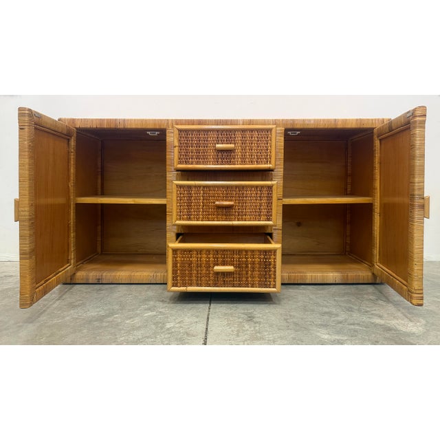 Coastal Vintage Coastal Woven and Rattan Wrapped Cabinet With Wood Trim For Sale - Image 3 of 8