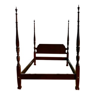 Vintage Ethan Allen Georgian Court Queen Size Carved Cherry Wood Four Poster For Sale