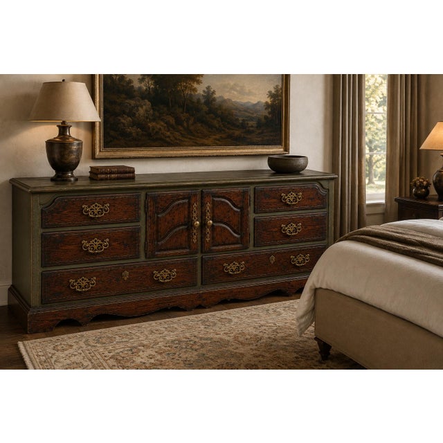 1960s Monumental Mediterranean Revival Solid Pine Dresser in Old World Olive & Coffee Mahogany For Sale - Image 4 of 6