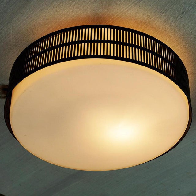 1960s Mid-Century Austrian Circular Black Metal and Opaline Glass Ceiling Lamp, 1960s For Sale - Image 5 of 6