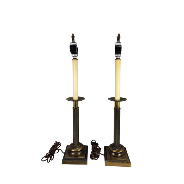 French Robert Abbey Attributed Brass Candlestick Regency Lamps - A Pair For Sale - Image 3 of 9