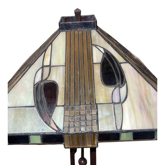 American Pair Arts & Crafts Style Metal & Glass Table Lamps. u.s.a. Late 20th Century. For Sale - Image 3 of 11