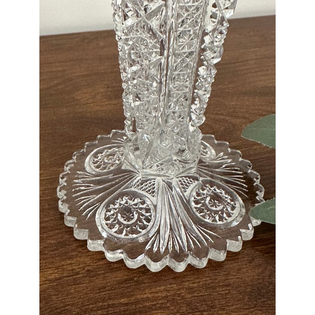 Transparent Pair of Vintage Clear Glass Trumpet Vases, Daisy & Button Pattern, Mid Century Pressed Glass Decor For Sale - Image 8 of 10