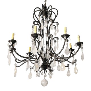 Large Venetian Rock Crystal & Wrought Iron Chandelier, Italy, C. 1950's For Sale