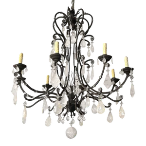 Large Venetian Rock Crystal & Wrought Iron Chandelier, Italy, C. 1950's