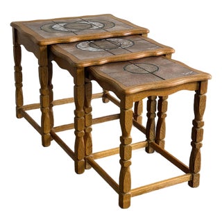 Danish Oak Ceramic Tile Top Nesting Side Tables Mid-Century Modern 1970s For Sale