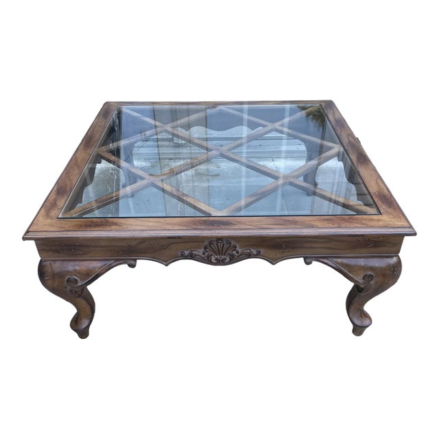1970s Vintage Louis XV Carved Oak Coffee Table With Glass Insert For Sale