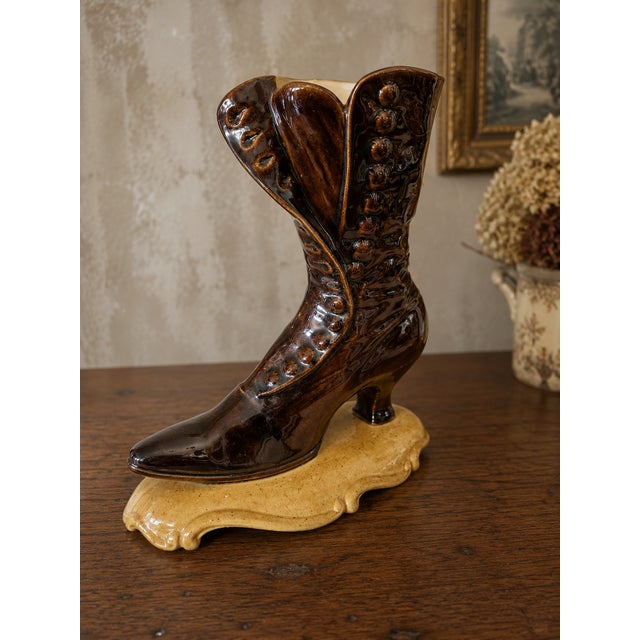 Vintage Victorian Button Boot Vase | Brown Art Pottery Figural Vase | Mid Century Ceramic Planter | Cottage Farmhouse Decor For Sale In Sacramento - Image 6 of 12
