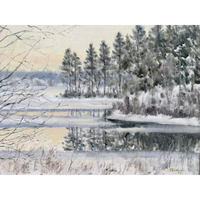 White 1998 "Crisp" Swedish Snow Forest Landscape Oil Painting, Framed For Sale - Image 8 of 9