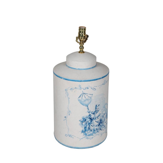 A Pair Vintage English Export Tea Caddy Hand-Painted Chinoiserie Figurines Table Lamp For Sale - Image 4 of 10