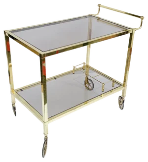 Italian Gold-Plated Smoked Glass Brass Bar Cart on Two Levels, 1970s