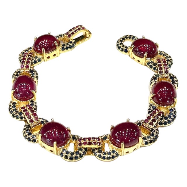 Bochic "Capri" Vintage Ruby & Blue Sapphire Bracelet Set In 18K Gold & Silver For Sale