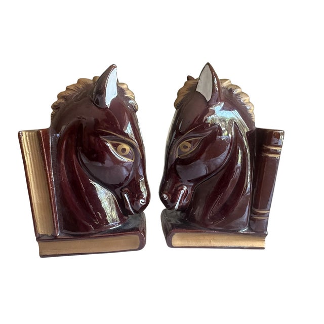 Vintage Art Deco Ceramic Horse Head Bookends With Gilt Book Spines – Pair Art Deco Equestrian Ceramic Bookends For Sale - Image 9 of 11