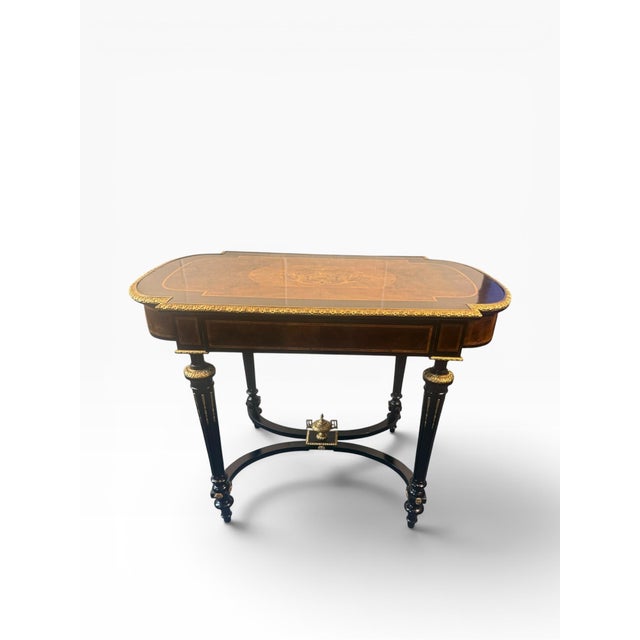 Bronze Late 20th Century French Neoclassical Style Burlwood Writing Desk With Gilt Bronze Style Accents For Sale - Image 8 of 14