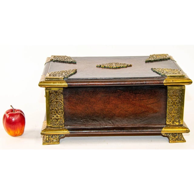 Italian Brown Leather Jewelry Box with Gold Tooling. Large Italian gilt tooled leather wrapped table box, with domed top...