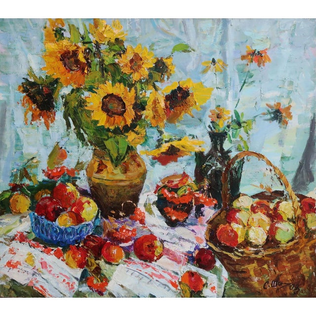 Ukrainian Still Life Painting: Flowers and Apples, Original Soviet Art 80-90 For Sale