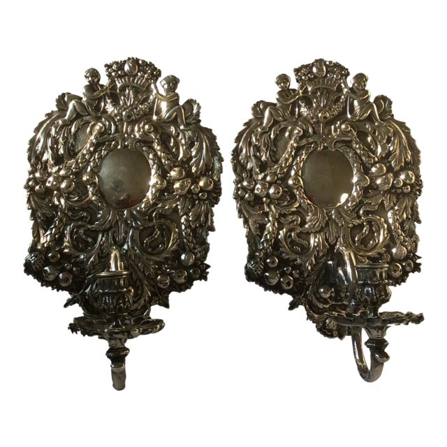 Antique Silvered Bronze Candle Wall Sconces For Sale