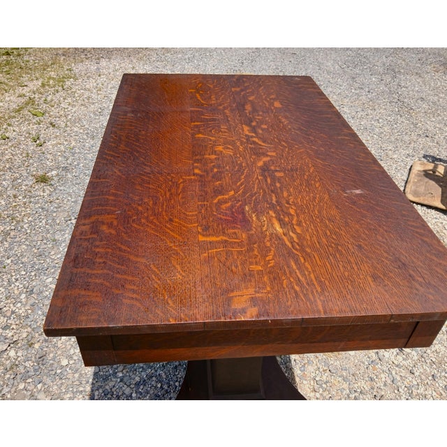 Antique Mission Quarter Sawn Oak Double Pedestal Library Table 1920 For Sale - Image 12 of 17