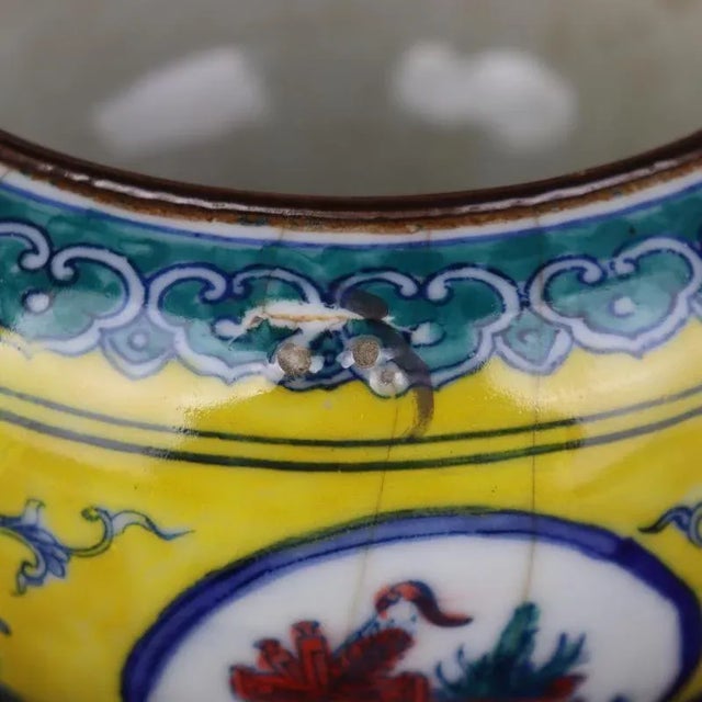 Chinese Vintage Ceramic Pot,Old Porcelain Factory Yellow Ground Famille Verter Porcelain Brush Washer Hand Painted Flowers Pattern For Sale In Seattle - Image 6 of 7