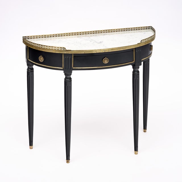 French French Louis XVI Style Ebonized, Brass and Marble Demi-Lune Console Table For Sale - Image 3 of 9