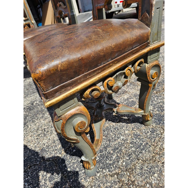 Set of Late 20th Century 3 Italian Baroque Revival Hand-Painted & Tooled Leather Side Chairs For Sale In Chicago - Image 6 of 7