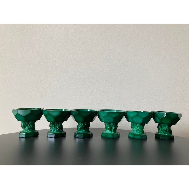 Art Deco Green Malachite Geometric Glass Pedestal Master Salt Cellars or Egg Cup Holders- Set of 6 For Sale - Image 11 of 11