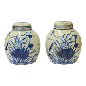 Pair Blue Pair Blue White Mini Oriental Flower Graphic Porcelain Ginger JarsWhite Mini Oriental Flower Graphic Porcelain Ginger Jars