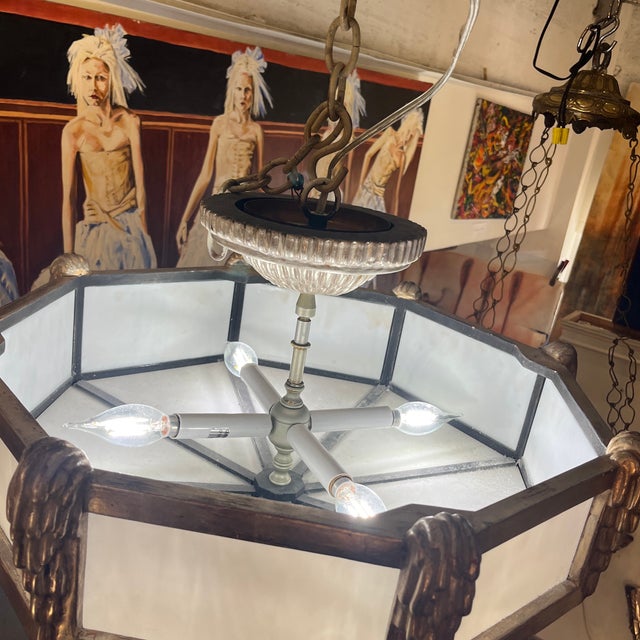 Mid 20th Century Mid 20th Century Wood Carved Hexagonal and Glass Suspended Cieling Light Chandelier For Sale - Image 5 of 12