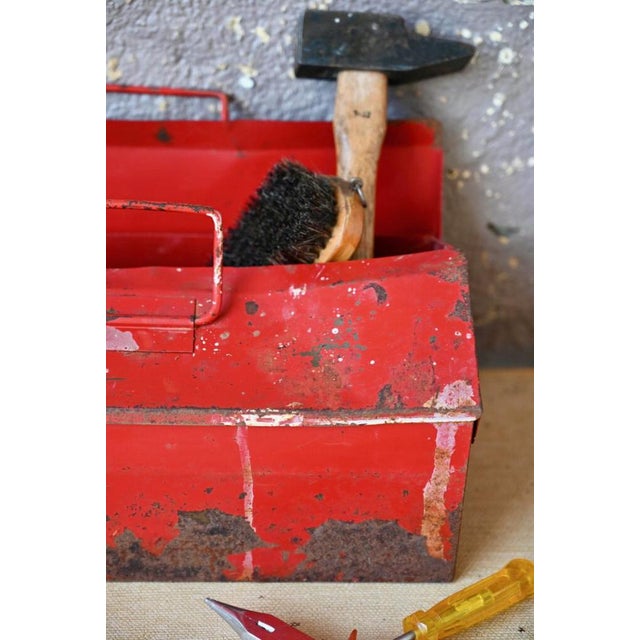 Industrial Vintage Industrial Patinated Red Metal Tool Box For Sale - Image 3 of 11