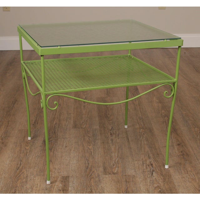 Woodard Vintage Green Painted Wrought Iron Glass Top Patio Side Table