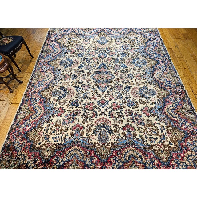 Persian Vintage Kerman Rug, Hand-Knotted Wool, Allover Floral Pattern, Ivory & Blue, 9x12 For Sale - Image 3 of 17