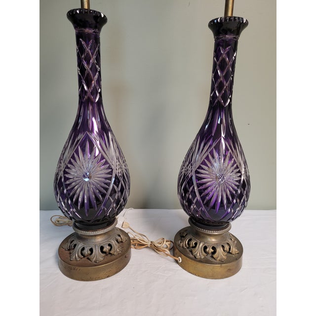 Metal A Pair of 1940s Cut Crystal Amethyst Table Lamps For Sale - Image 7 of 9