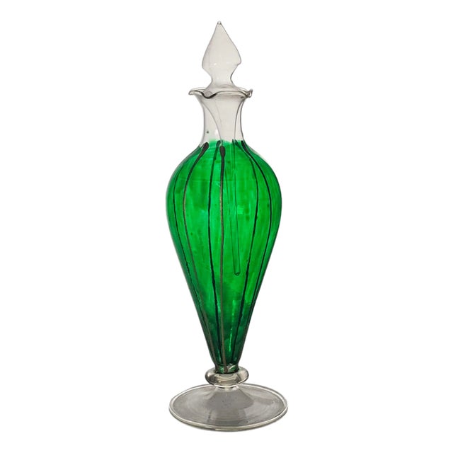 Vintage Hand-Blown Gold & Green Glass Perfume Bottle With Stopper & Dabber – 7.5” For Sale