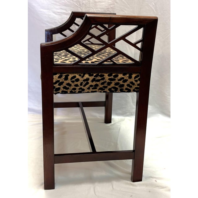 Vintage Fretwork Curved Arm Vanity Stool/ Bench With New Leopard Upholstery For Sale - Image 10 of 18