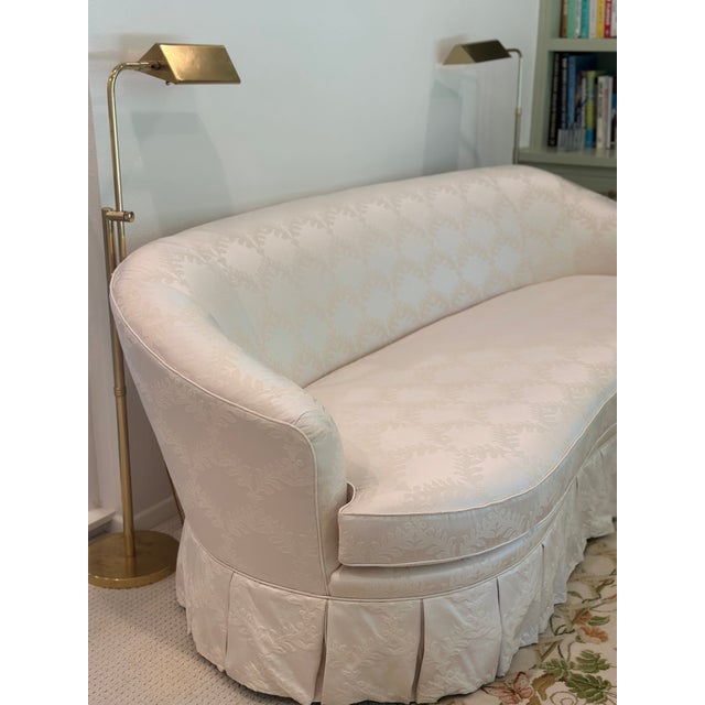 Vintage Curved Skirted Sofa Reupholstered in Ivory Silk Damask For Sale - Image 9 of 13